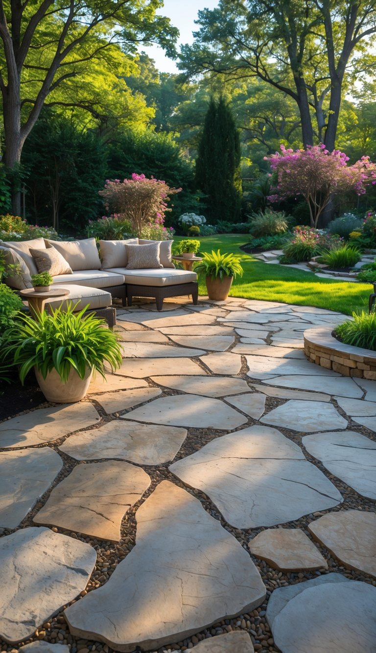 A backyard patio with irregular stone slabs surrounded by grass, trees, and flowers, featuring outdoor seating and a small table.