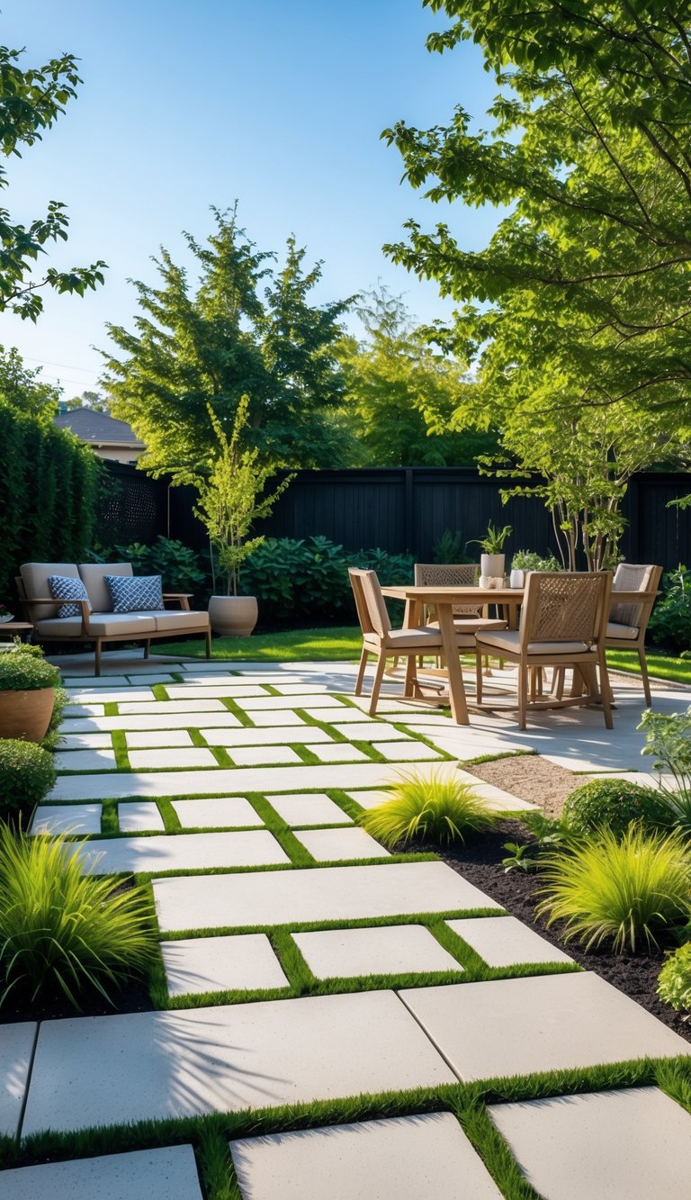 Outdoor patio with permeable pavers, surrounded by green plants and outdoor furniture in a backyard.