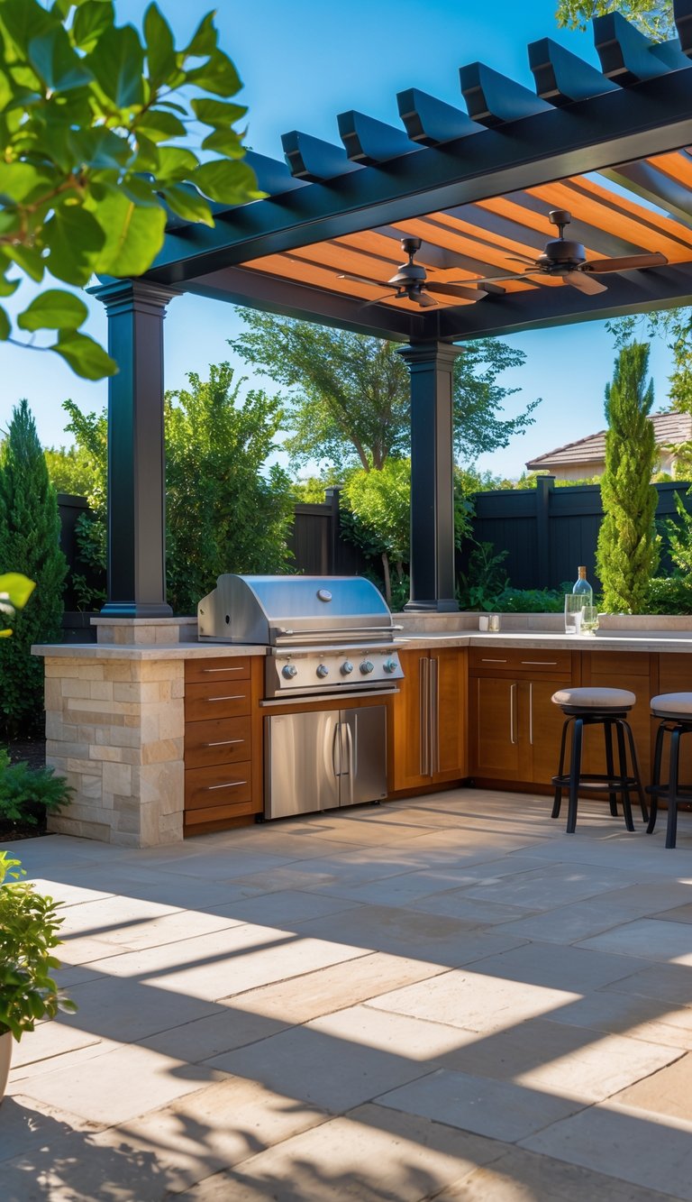 Outdoor kitchen with built-in grill and bar in a backyard patio surrounded by plants.