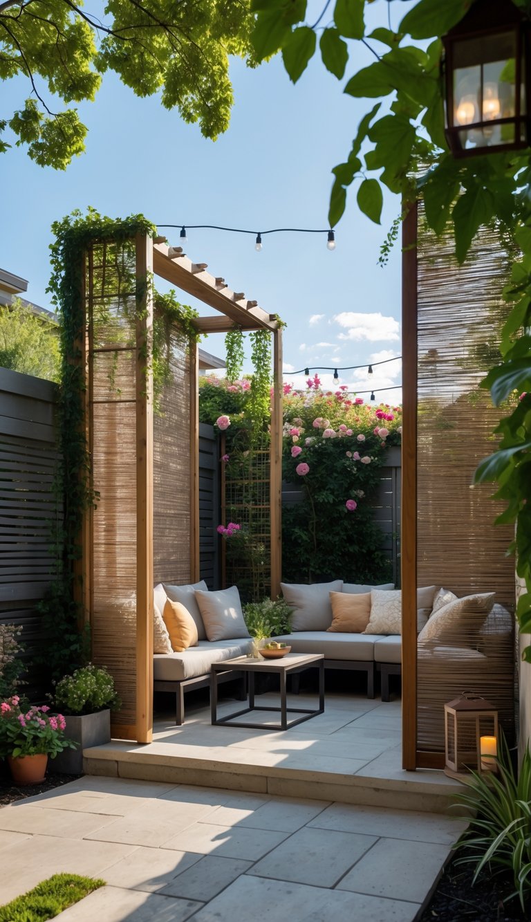 A cozy outdoor patio with comfortable seating and wooden privacy screens surrounded by green plants and flowers.