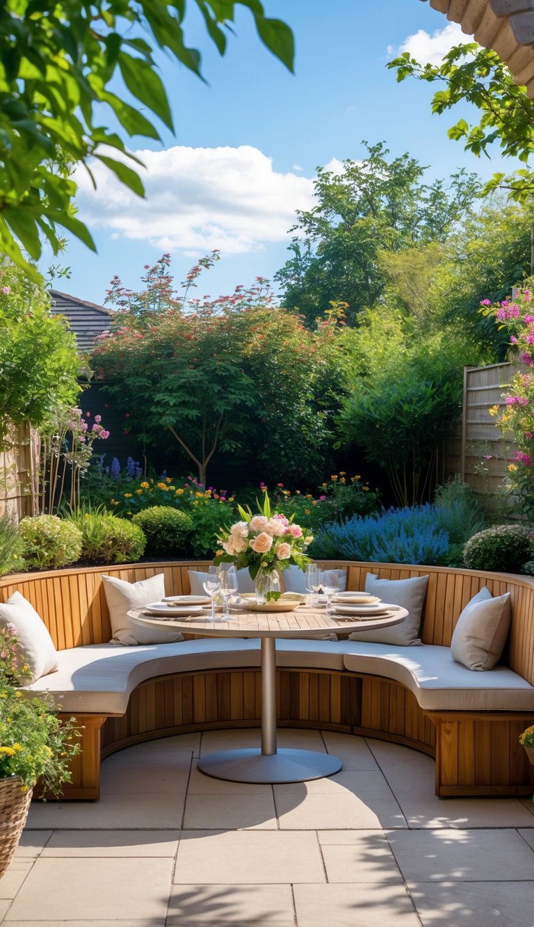 Outdoor patio with built-in bench seating around a circular dining table surrounded by plants and greenery.