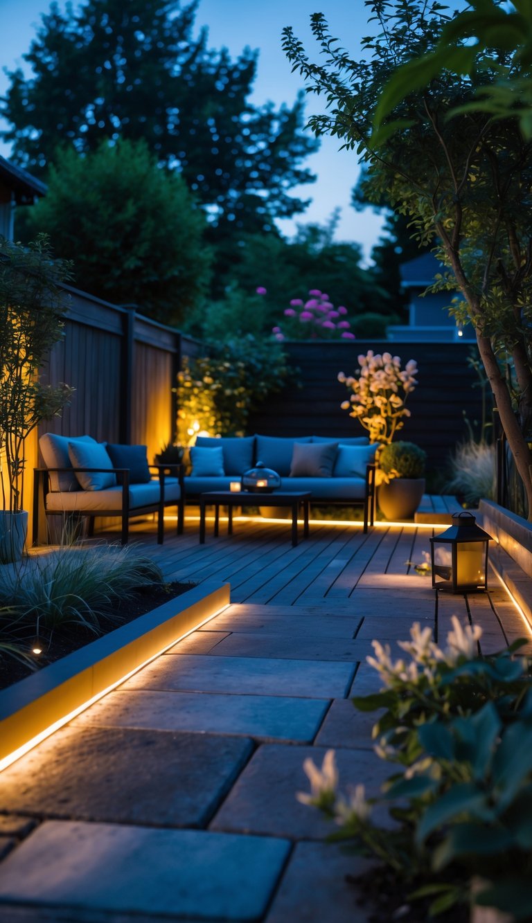 An outdoor patio at dusk with glowing pathway lights, modern furniture, and surrounding plants in a backyard.