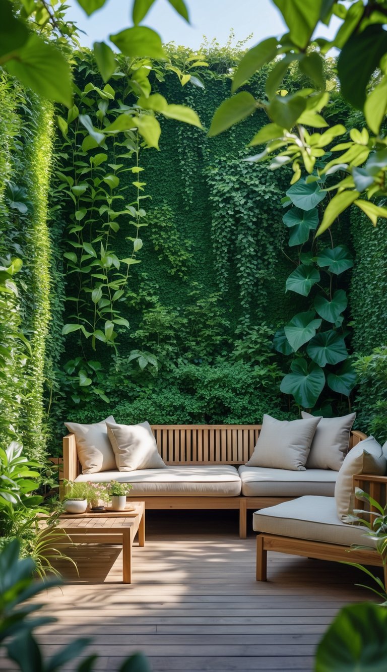 Outdoor patio surrounded by a dense green wall of plants with wooden deck and comfortable seating.