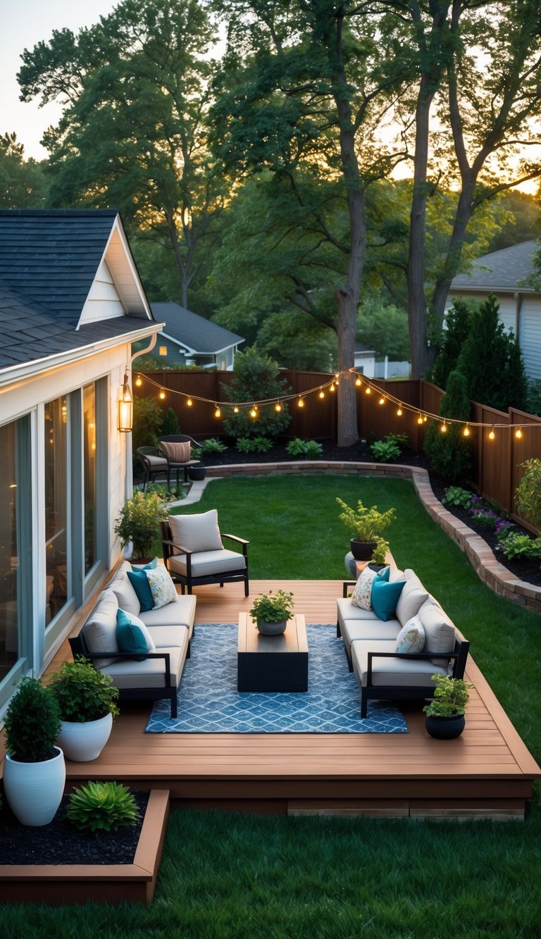 Raised deck patio with outdoor furniture overlooking a green backyard with trees and garden beds.