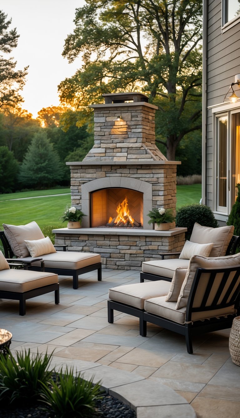 Outdoor patio with a stone fireplace and comfortable lounge chairs surrounded by greenery.