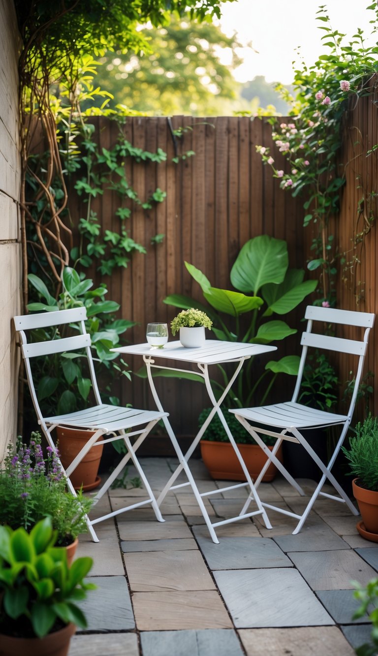 A small outdoor corner patio with a foldable table and two chairs surrounded by plants and flowers.