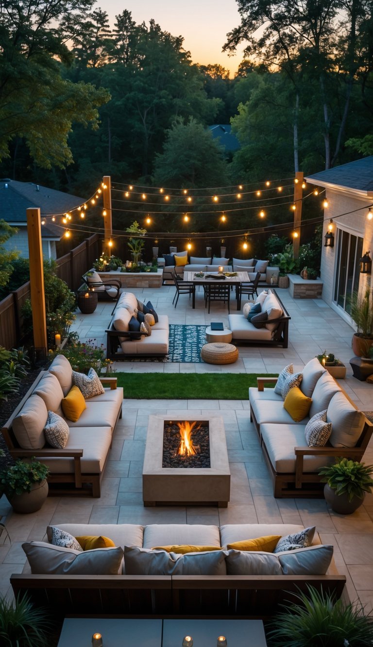 A large outdoor patio with multiple seating areas surrounded by plants and soft lighting.