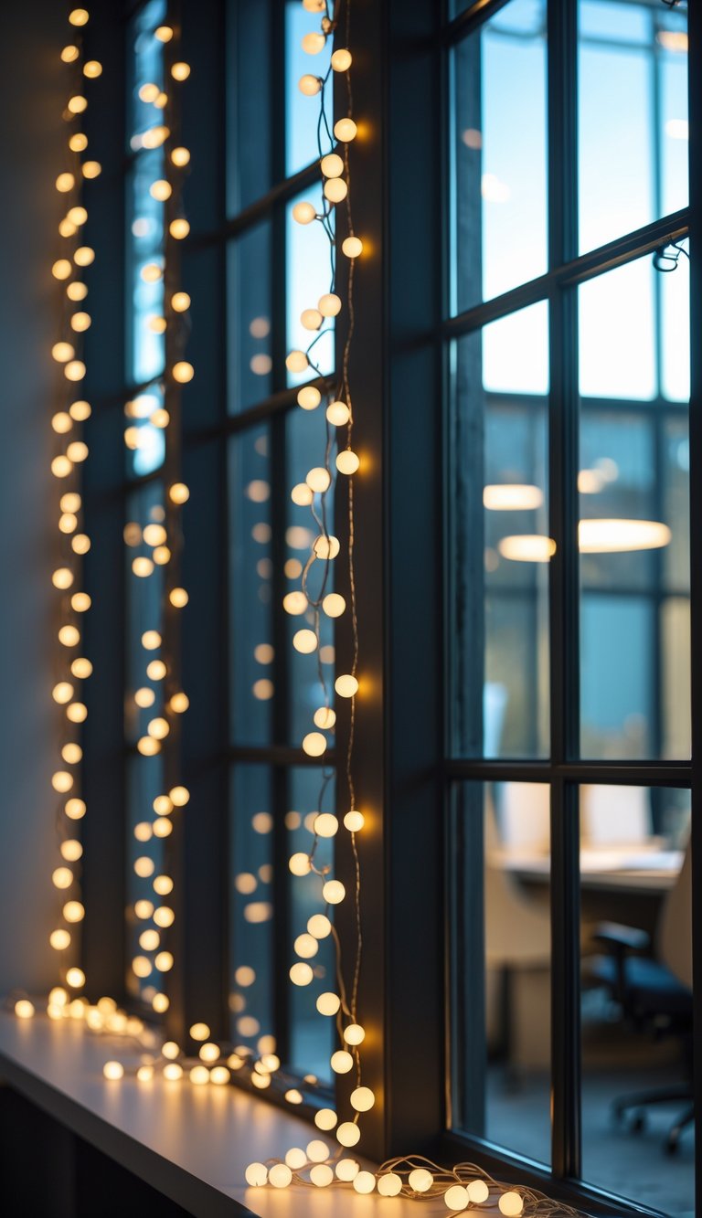 Tall windows decorated with soft warm LED string lights in a cozy office space.