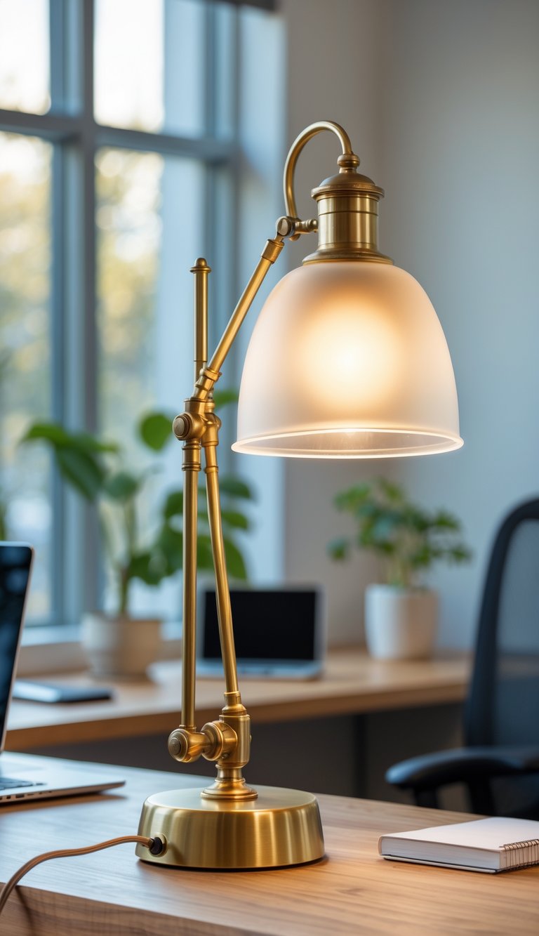 A brass adjustable desk lamp with a frosted glass shade on a wooden office desk in a bright workspace.