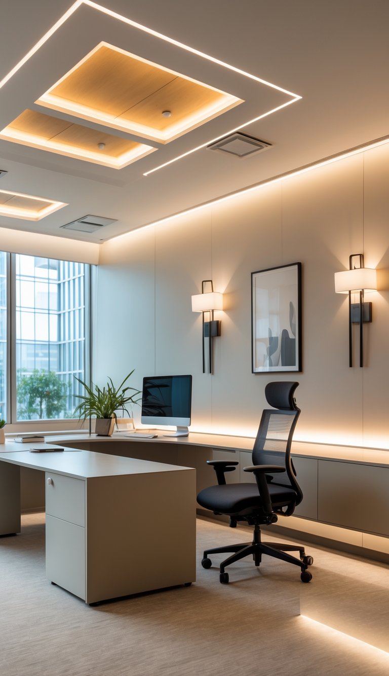 A modern office interior with recessed ceiling lights and wall sconces illuminating a desk and chair.