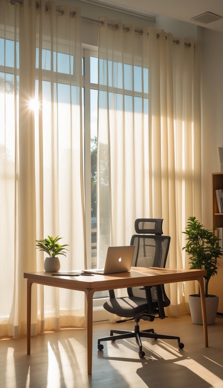 A sunlit modern office with sheer cream curtains filtering natural light over a wooden desk with a laptop and plant.