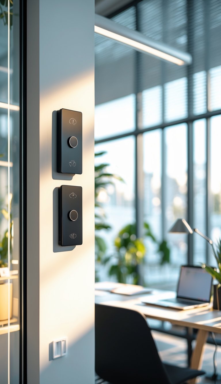 Modern office interior with dimmer switches on the wall controlling light intensity, a desk with a laptop and plants, and sunlight coming through large windows.