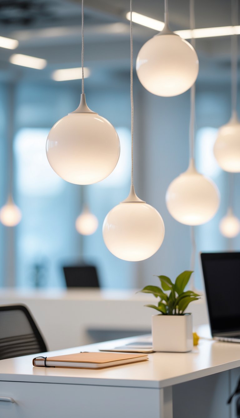 A modern office desk area illuminated by white globe pendant lights hanging from the ceiling.
