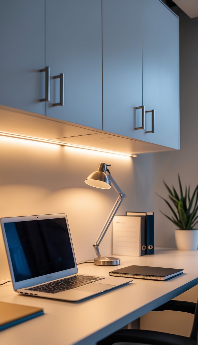 A modern office desk illuminated by under-cabinet strip lighting, with a laptop, notebook, and plant on the desk.