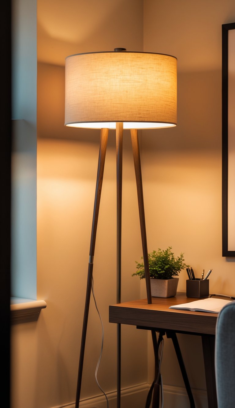 A floor lamp with a linen drum shade illuminating a tidy office desk with a chair and small plant nearby.