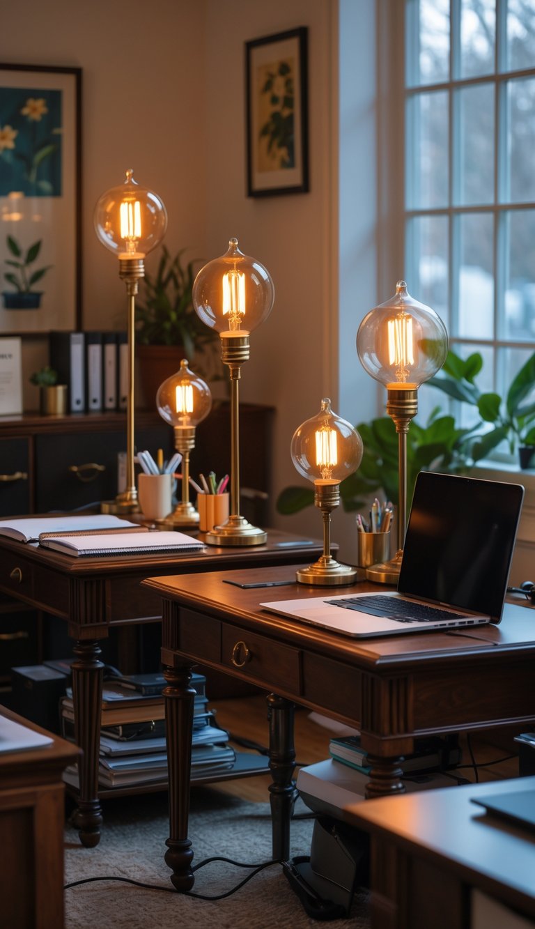An office space with wooden desks illuminated by table lamps with glowing vintage filament bulbs, surrounded by office supplies and plants.