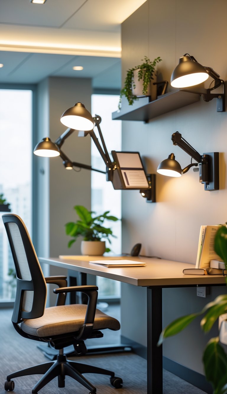 A modern office workspace with wall-mounted reading lights featuring swivel arms illuminating a clean desk and chair.