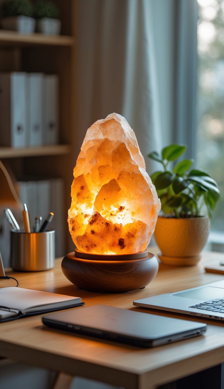 A glowing amber Himalayan salt lamp on an office desk surrounded by a laptop, notebook, pen holder, and a small plant.