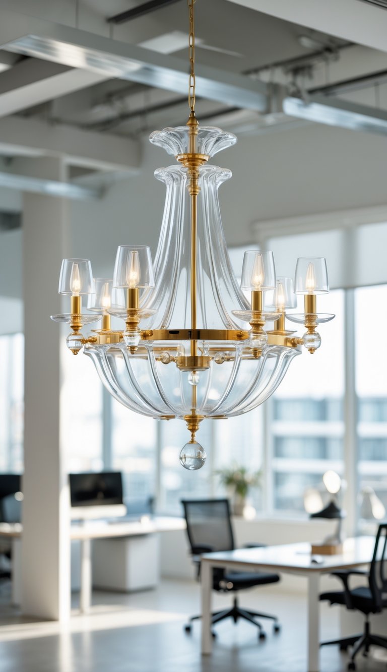 Clear glass chandelier with gold accents hanging in a bright modern office space.