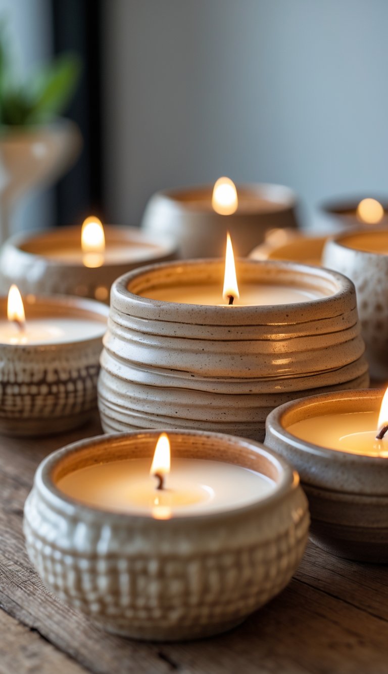 Close-up of lit candles in textured ceramic holders on a wooden surface, emitting a soft flickering light.