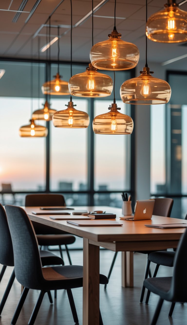 A meeting table with glass pendant lights glowing in warm sunset colors hanging above it in an office setting.