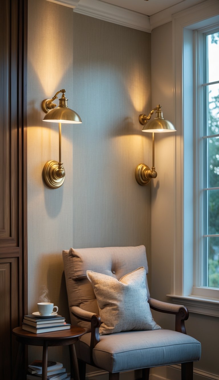 A cozy corner with brass swing-arm wall lamps lighting a comfortable chair, a small table with books and a cup, creating a warm and inviting workspace.