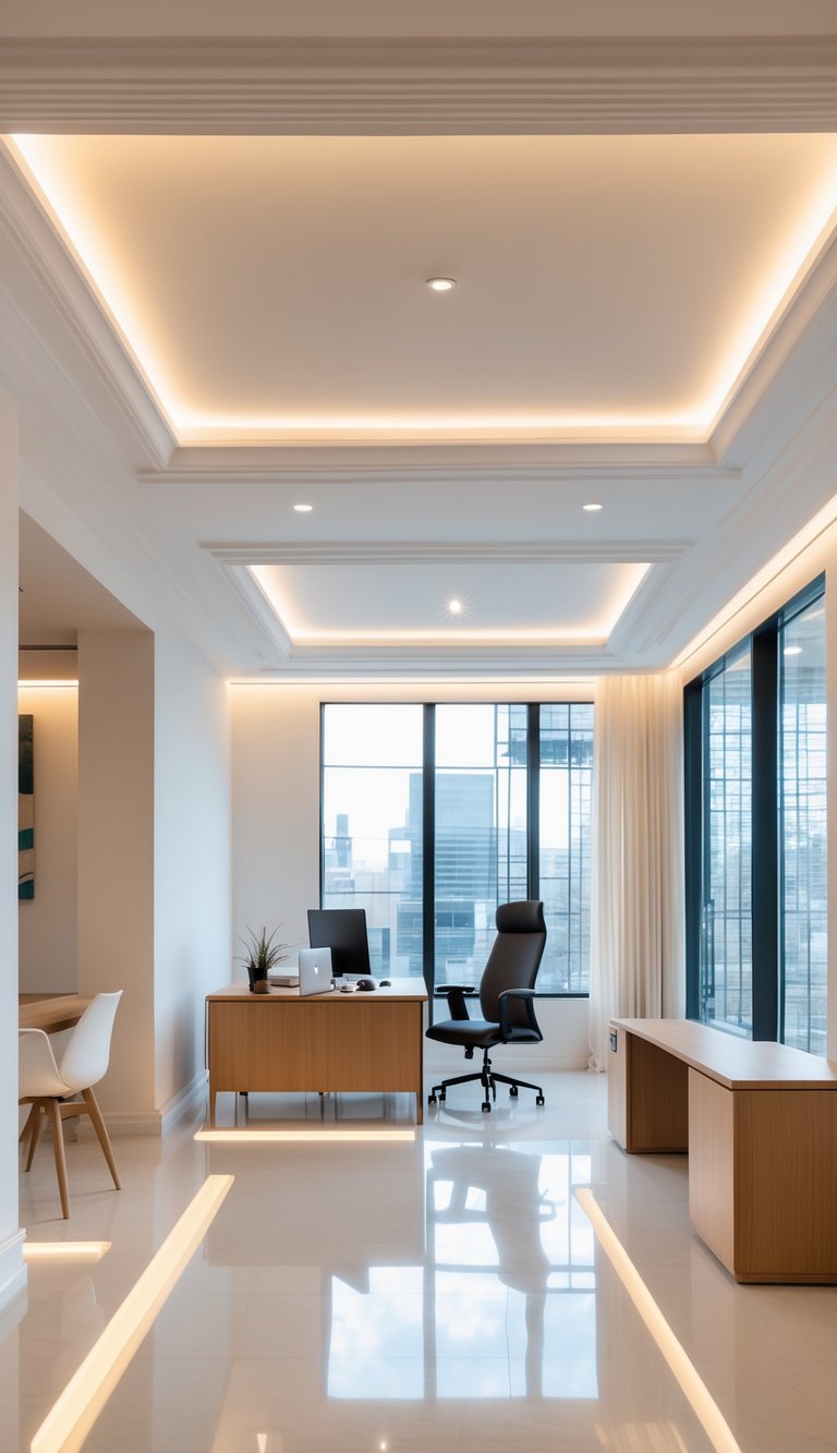 A modern office interior with indirect cove lighting hidden in ceiling moldings, featuring a desk, chair, and large windows.