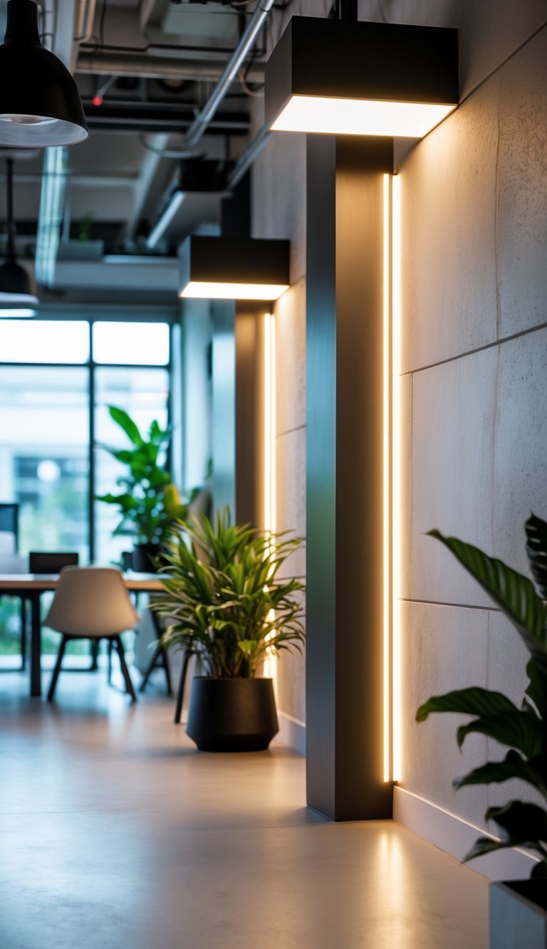 Modern office interior with soft uplighting from LED wall washers illuminating the walls and workspace.