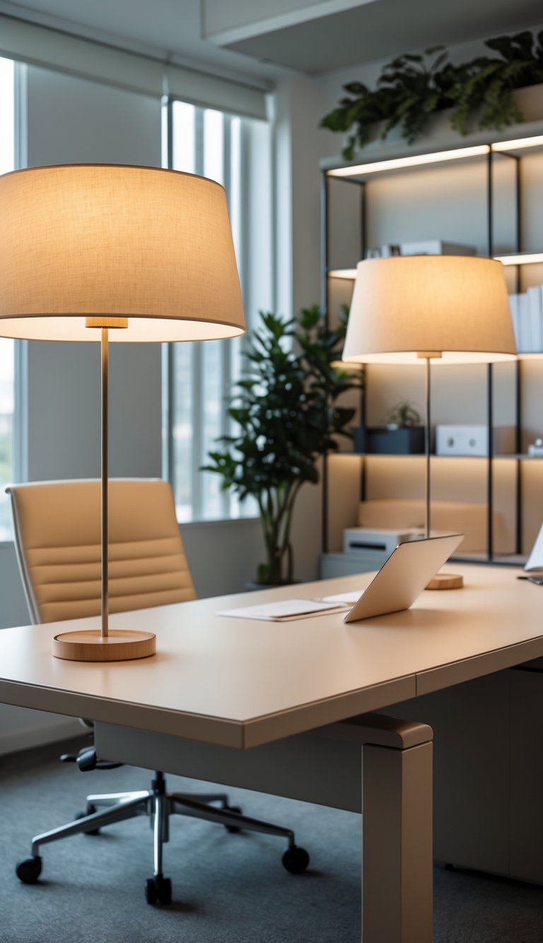 A well-lit office desk with pale beige lampshades softly diffusing light over the workspace.