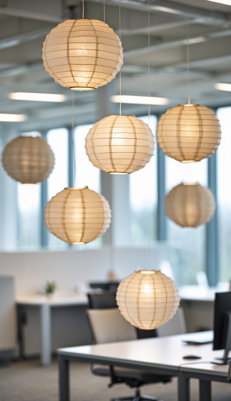 Neutral-toned paper lanterns hanging at different heights in a modern office space with natural light.
