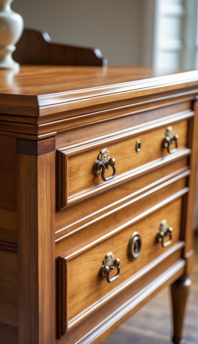 A warm honey-toned wooden desk with brass drawer pulls in a clean, well-lit workspace.