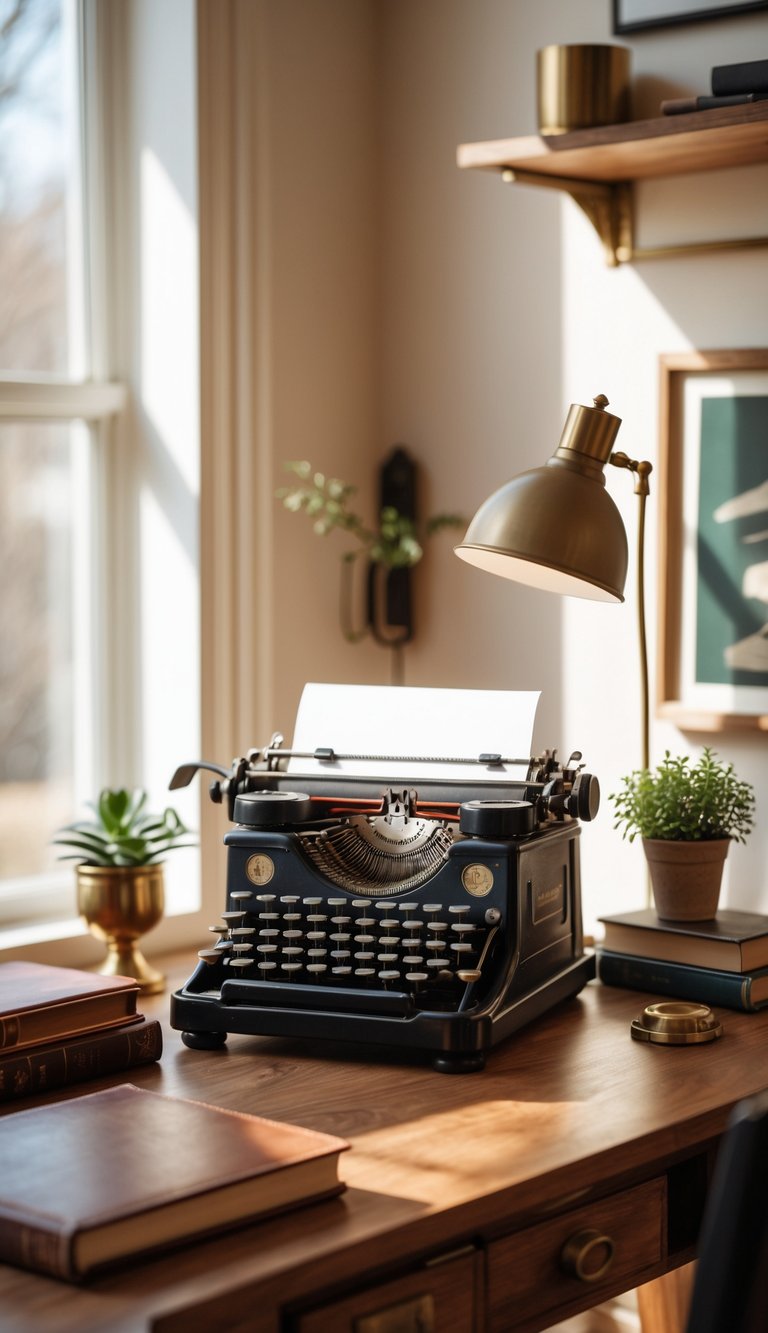 A vintage typewriter sits on a wooden desk surrounded by a lamp, notebook, plant, and books in a warm, inviting office setting.