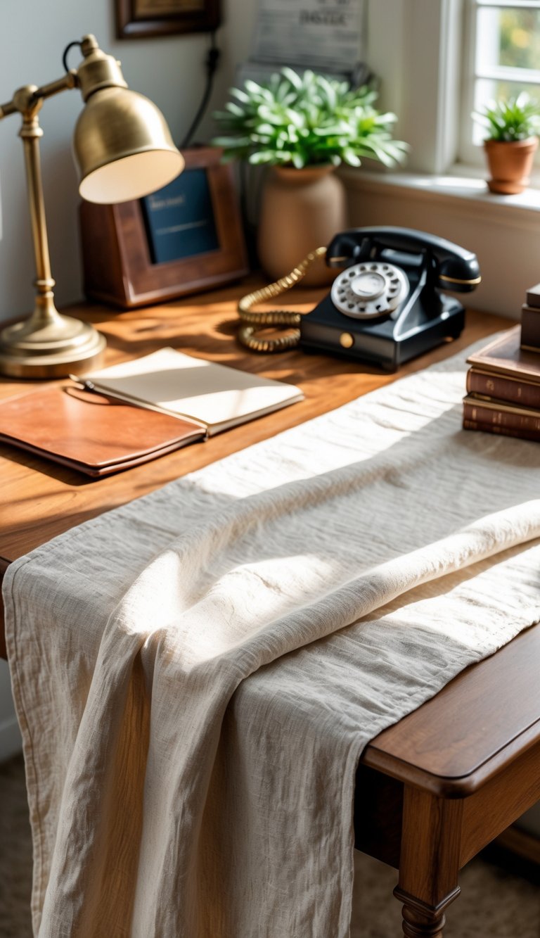 A wooden desk with a cream linen runner, a brass lamp, a leather notebook, a vintage phone, and a small plant in a tidy office setting.