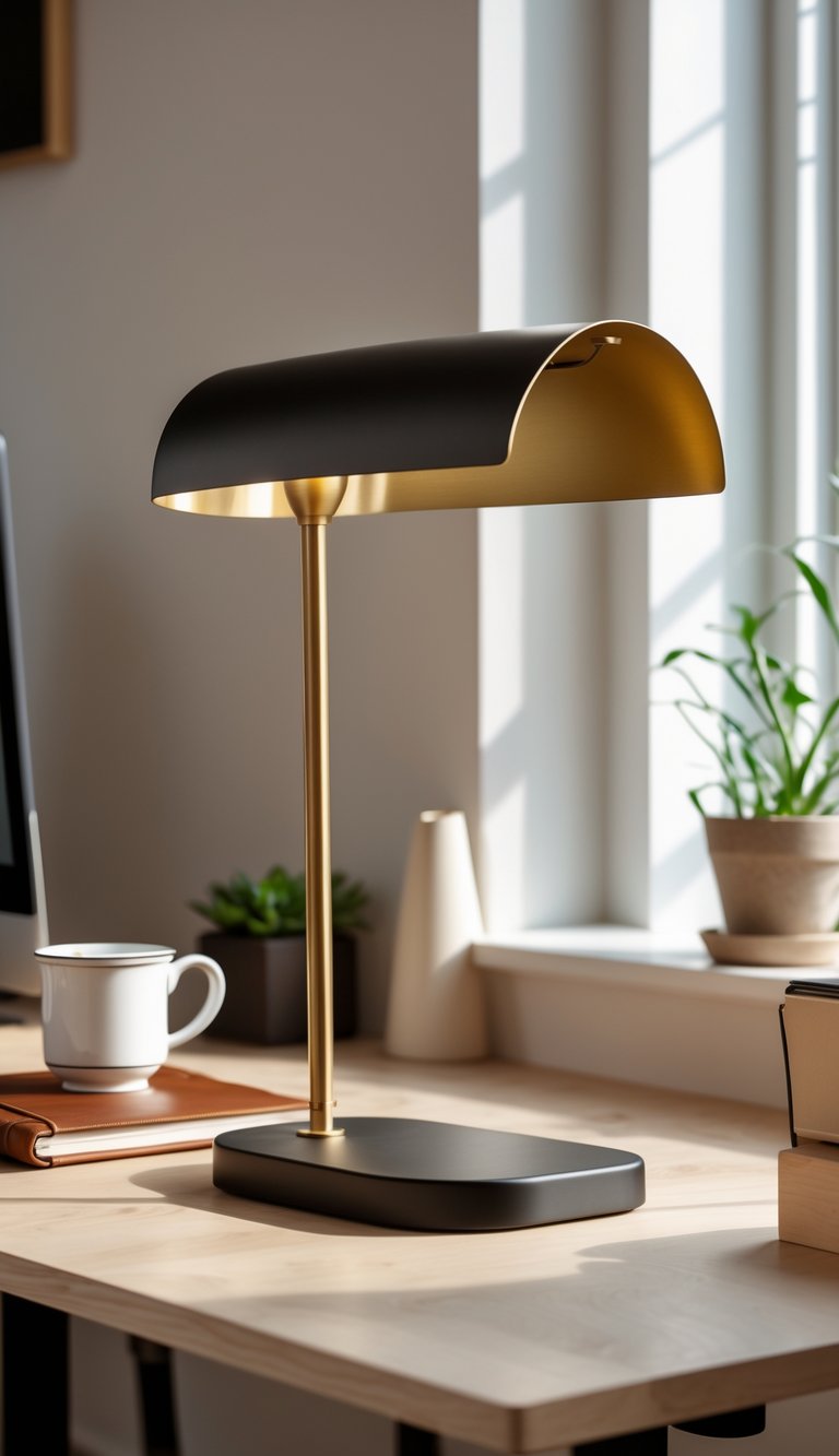 A curved shade desk lamp on a wooden desk with office items and a small plant in a cozy home office.