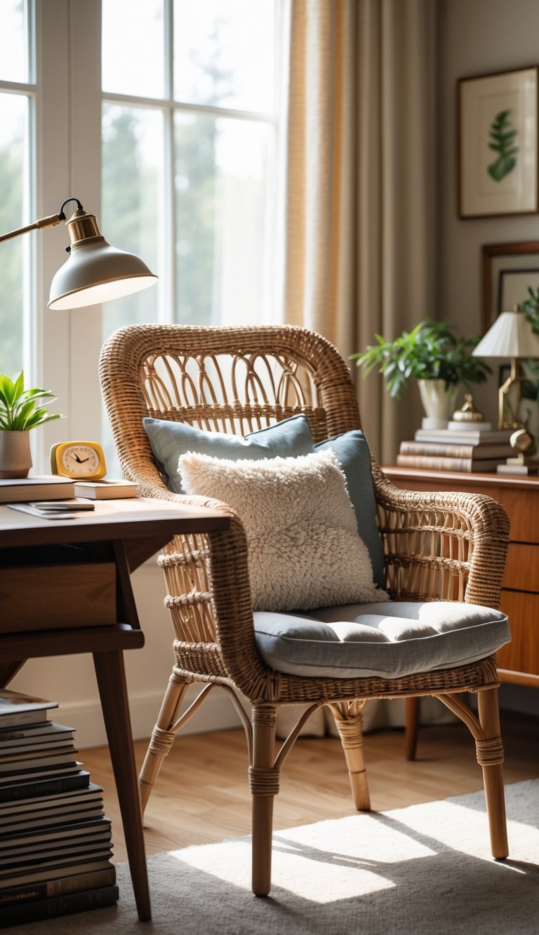 Woven wicker desk chair with cozy cushions next to a wooden desk in a home office.