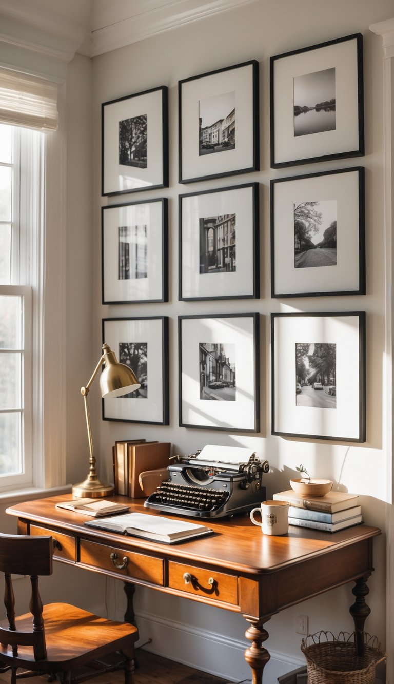 A cozy home office corner with a wooden desk and several black-and-white photos in white frames hanging on the wall above.