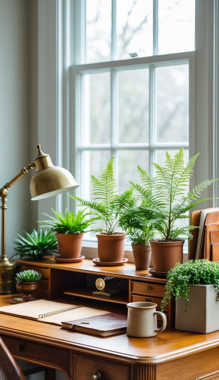 A wooden desk with small potted ferns and succulents, a brass lamp, a notebook, and a ceramic mug in a softly lit room.