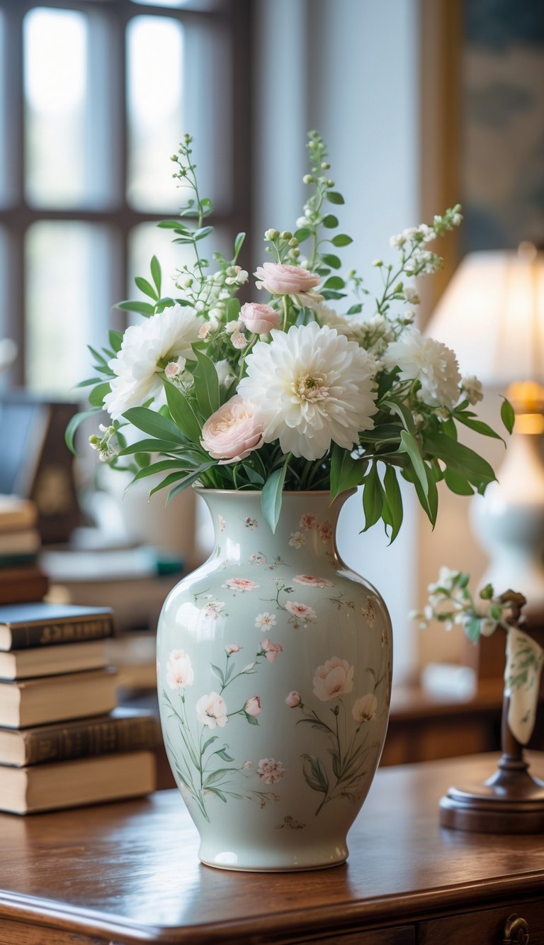 A ceramic vase with muted floral patterns holding fresh white and pale pink flowers on a wooden desk with vintage office items in the background.