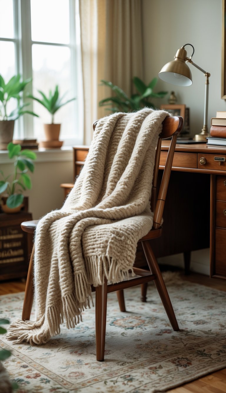 A wooden desk chair with a plush wool throw draped over it in a home office setting with a wooden desk and decorative items.