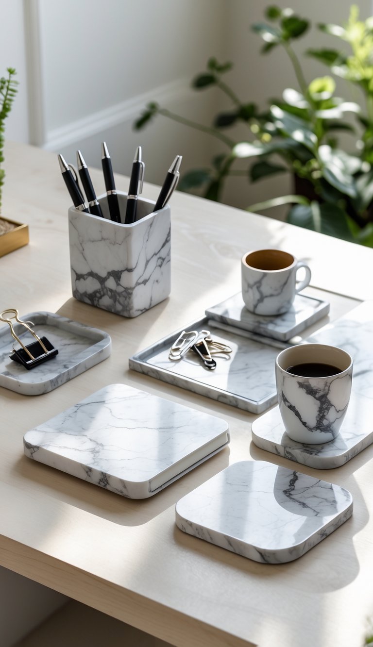 A marble-patterned desk accessories set arranged on a wooden desk, including a pen holder, notebook, desk tray, and coaster with a coffee cup.