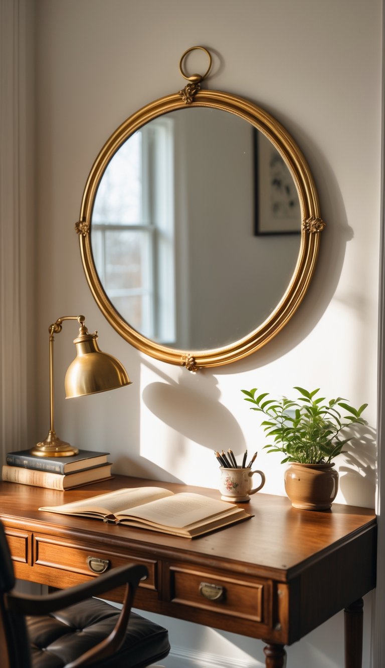 A wooden desk with vintage decor and a round gold-framed mirror hanging on the wall above it.