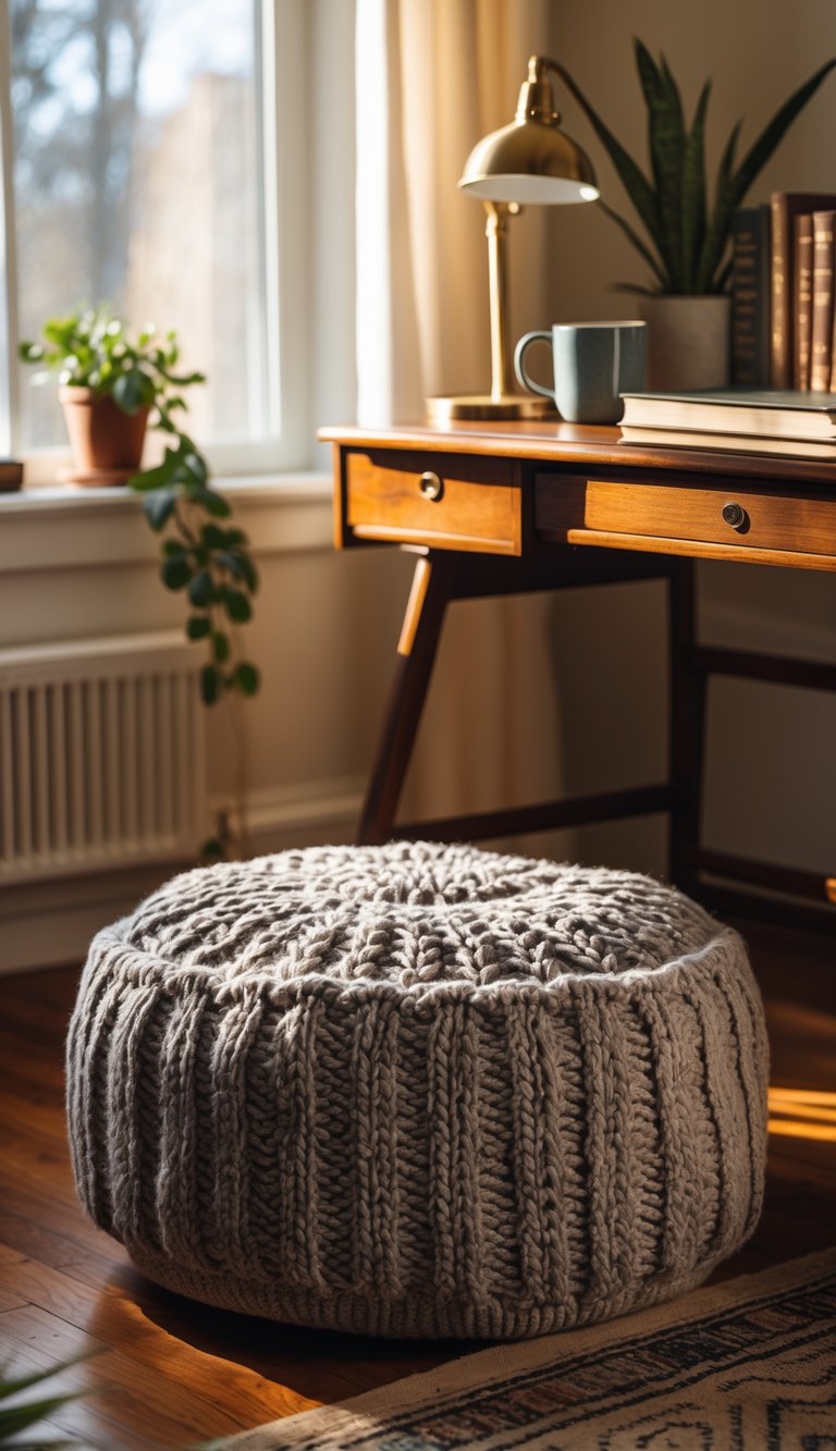 A cozy home office corner with a wooden desk and a textured knit pouf used as a footrest.