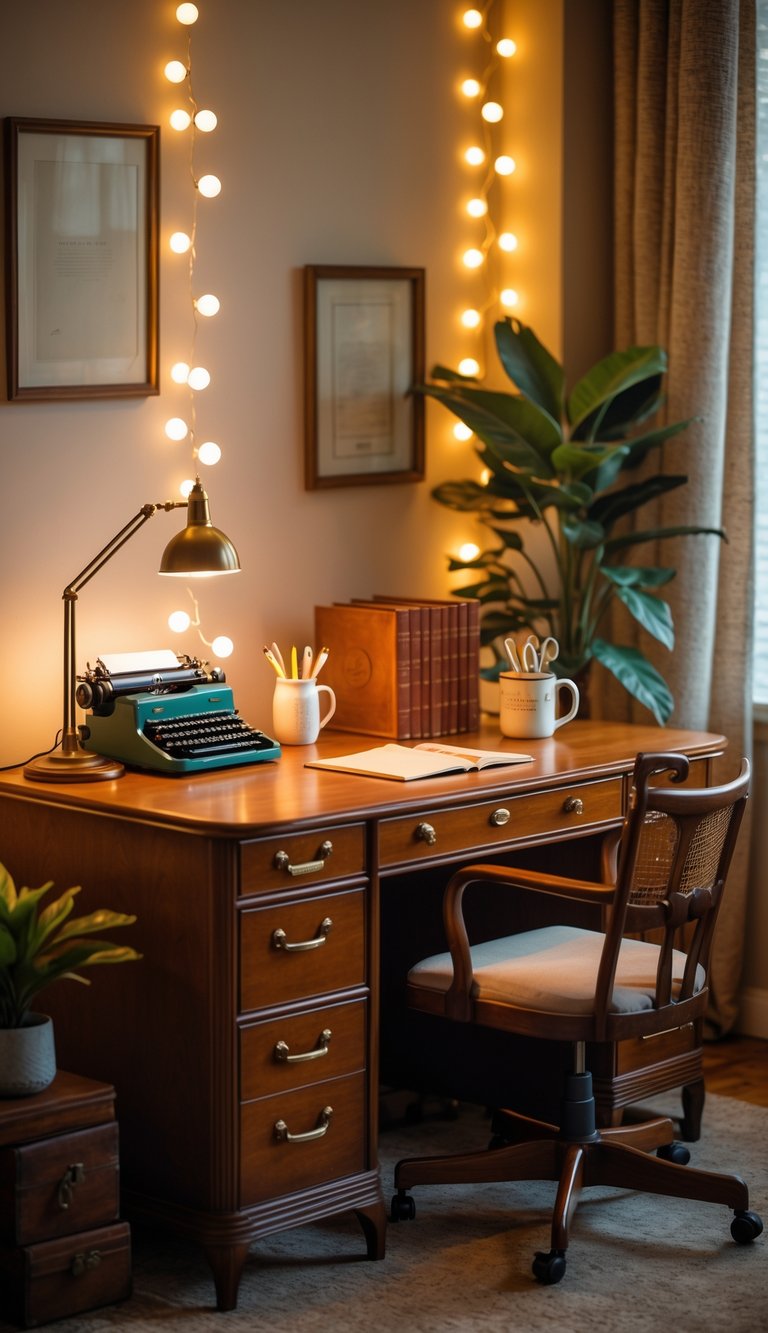 A vintage wooden desk with warm white string lights glowing softly above, featuring a typewriter, books, a mug with pens, and a small plant in a cozy office setting.