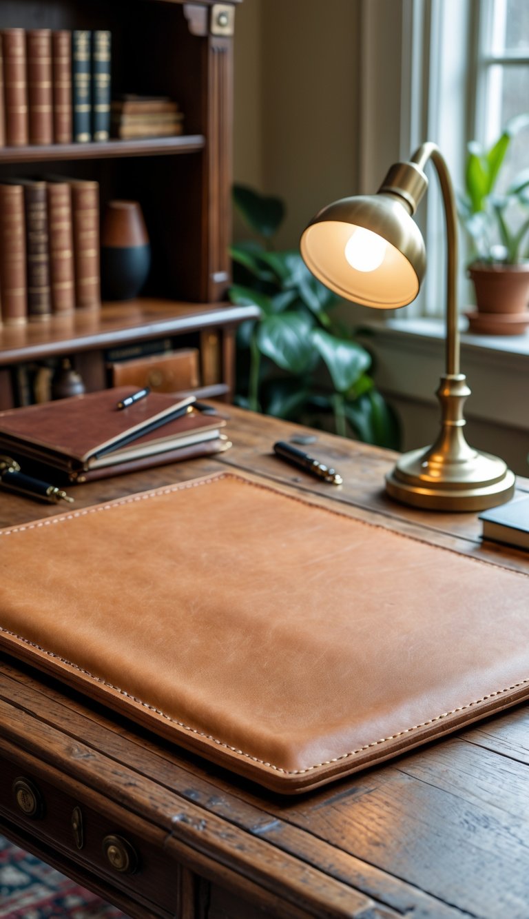A camel leather blotter pad on a wooden desk with a fountain pen, notebook, brass lamp, and books in a cozy office setting.