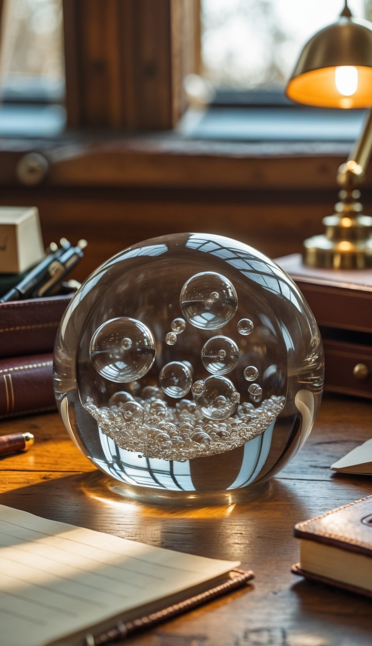 A glass paperweight with trapped bubbles sitting on a wooden desk surrounded by vintage office items.