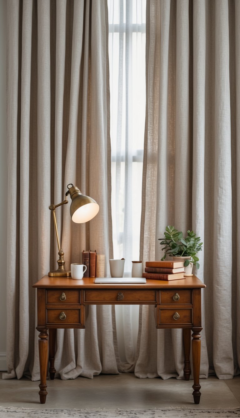 A wooden desk with office items in front of neutral-colored linen curtains in a well-lit room.