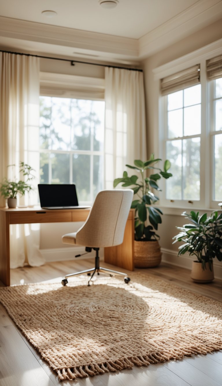 A cozy home office with a woven jute area rug on the floor, a wooden desk with a laptop, a comfortable chair, natural light from windows, and potted plants.