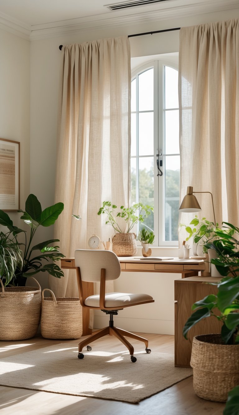 A bright office room with soft beige linen curtains, wooden furniture, plants, and cozy natural textures.