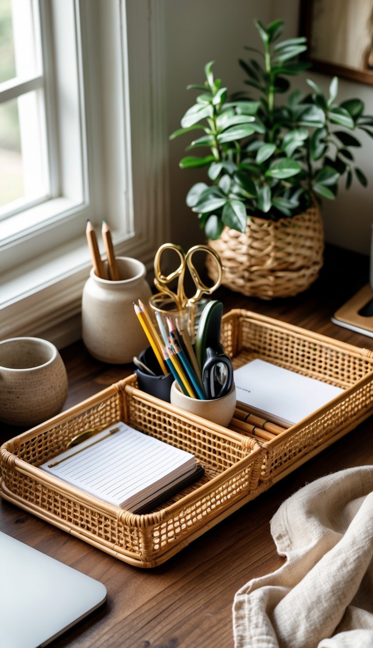 A rattan desk organizer on a wooden desk holding stationery items, surrounded by a potted plant, a mug, and natural textured objects.