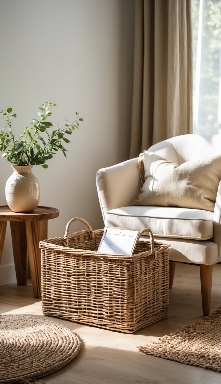 A cozy office corner with a wicker magazine basket next to a cream armchair, natural textures like a jute rug and wooden table with a vase of greenery, bathed in warm natural light.